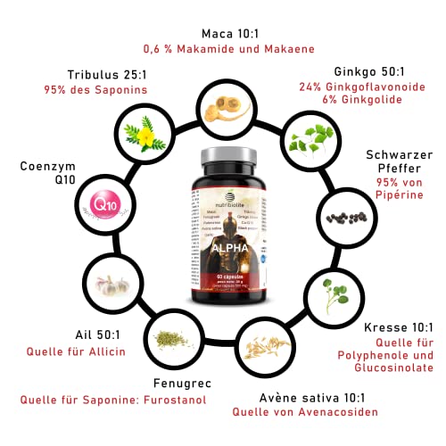 ALPHA - Muskelmasse, Kraft, Ausdauer, Energie und Muskelregeneration. Co-Q10, Ginkgo Biloba, Tribulus Terrestris, MACA, Bockshornklee, schwarzer Pfeffer, Knoblauch, Brunnenkresse, Avena Sativa. Vegan