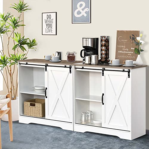 4 Ever Winner Farmhouse Coffee Bar Accent Cabinet, Kitchen Microwave Cart With Sliding Doors, Buffet Cabinet Coffee Bar Table Cupboard With Adjustable Shelves For Dining Living Room, Entryway #TOP2