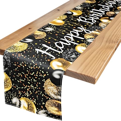 Image of Letjolt Happy Birthday Table Runner, Black and Gold, 72 Inches | 1920s Birthday Party Decorations, Vintage Style, Linen-Like Fabric