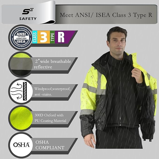 Image of sesafety High Visibility Reflective Jackets for Men Waterproof, 3 In 1 Hi-Vis Reflective Winter Bomber Safety Rain Coat with Zipper Sweater, Construction