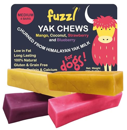 Image of Fuzzl Yak Chews Mango, Coconut, Strawberry, Blueberry Medium Box 4 - Himalayan Yak Chews for Dogs - Natural Yak Cheese Himalayan Dog Chews Dog Chew