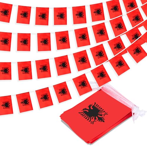 Image of Albania String Flag Pennant Banner, Small Mini Albanian Flags Bunting Banner, National Country Decoration for School, Party, Sports Events, Patriotic Festival, 33 Feet 30 Flags