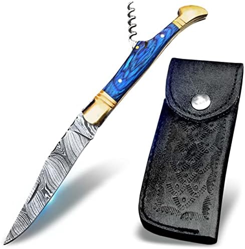 Warlocks Club Handmade Damascus Pocket Knife with Sheath, 7" Folding Hunting Knife for Outdoor Camping, Laguiole Pocket Knife, Cork Screw for Wine or Bottle Opener