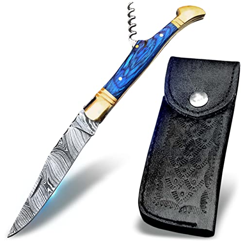 Warlocks Club Handmade Damascus Pocket Knife With Sheath, 7" Folding Hunting Knife For Outdoor Camping, Laguiole Pocket Knife, Cork Screw For Wine Or Bottle Opener #TOP26
