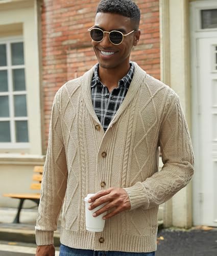 Men's Cable Knit Cardigan Sweater Shawl Collar Long Sleeve Buttons Down Sweater with Pockets2