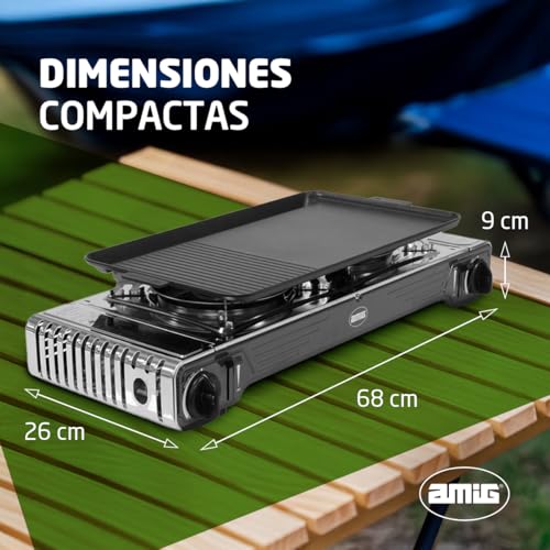 Miniatura 7 de Amig - Hornillo Camping Gas Cocina Portatil 2x Quemadores Incluye Plancha - Parrilla De Fundicion Acero Inoxidable 2,2 Kw Potencia X 2