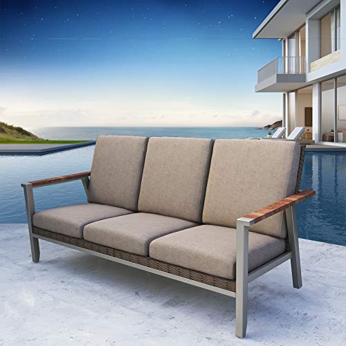 Festival Depot 3 Seats Patio Chair Rattan Wicker Bench In Metal Frame Sofa With Removable Cushions Outdoor Furniture For Lawn Garden Backyard, Dark Grey #TOP23