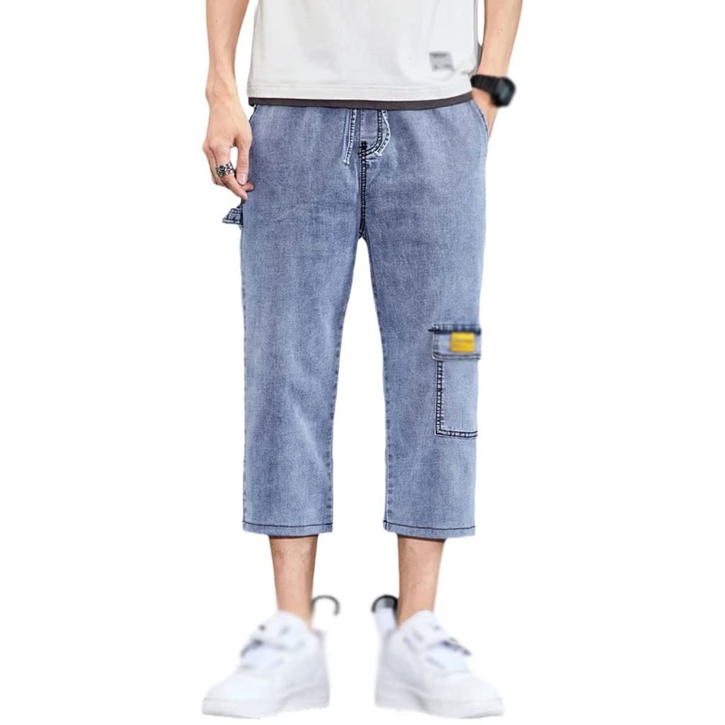 JSEIAJB Mens Jeans Pants Cropped Denim Casual Gray Stretch Elastic Waist Drawstring