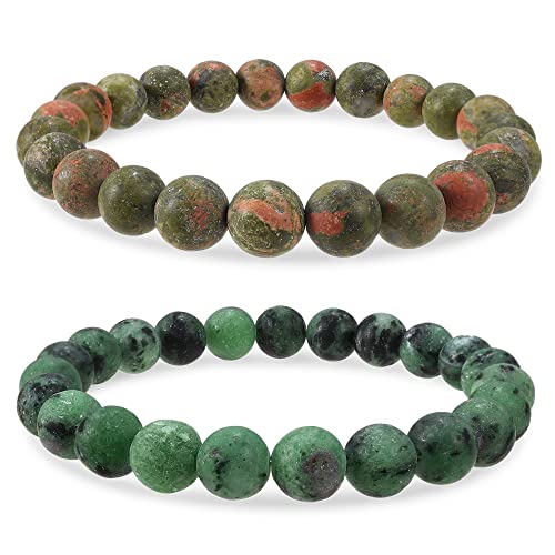 Bivei Natural Crystals Gemstone Stretchy Round Beaded Bracelet Unakite-M