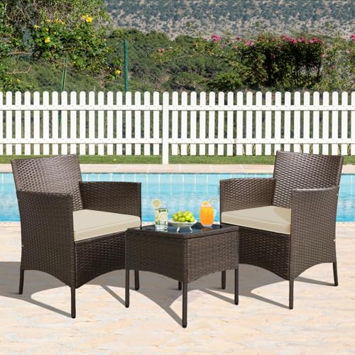 Yaheetech Balkonmöbel Set, Gartenmöbel-Set 3 TLG. inkl. 2 Stühle mit Sitzkissen & Tisch, Terrassenmöbelset Gartensitzgruppe Lounge Set aus PE-Polyrattan für Balkon Terrasse, Braun-Khaki 3