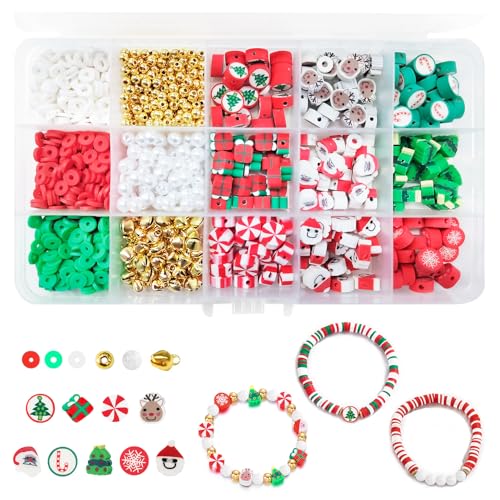 Fogcosy 1080 Pcs Christmas Clay Beads Bracelet Making Kit Christmas Beads for Jewelry Making with Clear String Xmas DIY Bracelet Necklace Supplies for Crafts Gift for Kids Adults