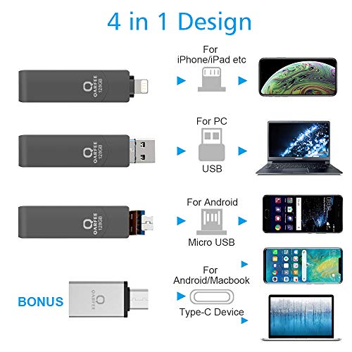 Flash Drive Compatible iPhone, Photo Stick 128GB Support iPhone, Memory Stick Photostick Mobile, Thumb Drive USB 3.0 Compatible iPhone/iPad/Android Backup OTG Smart Phone QARFEE Black - Thumbnail 2