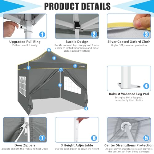 Image of HOTEEL Pop Up Canopy Tent 10x10 with Sidewalls, Commercial Instant Waterproof Canopy for Vender Patio, UV 50+ with Silver Coated, Upgraded Thickened Hexagonal Legs, Gray