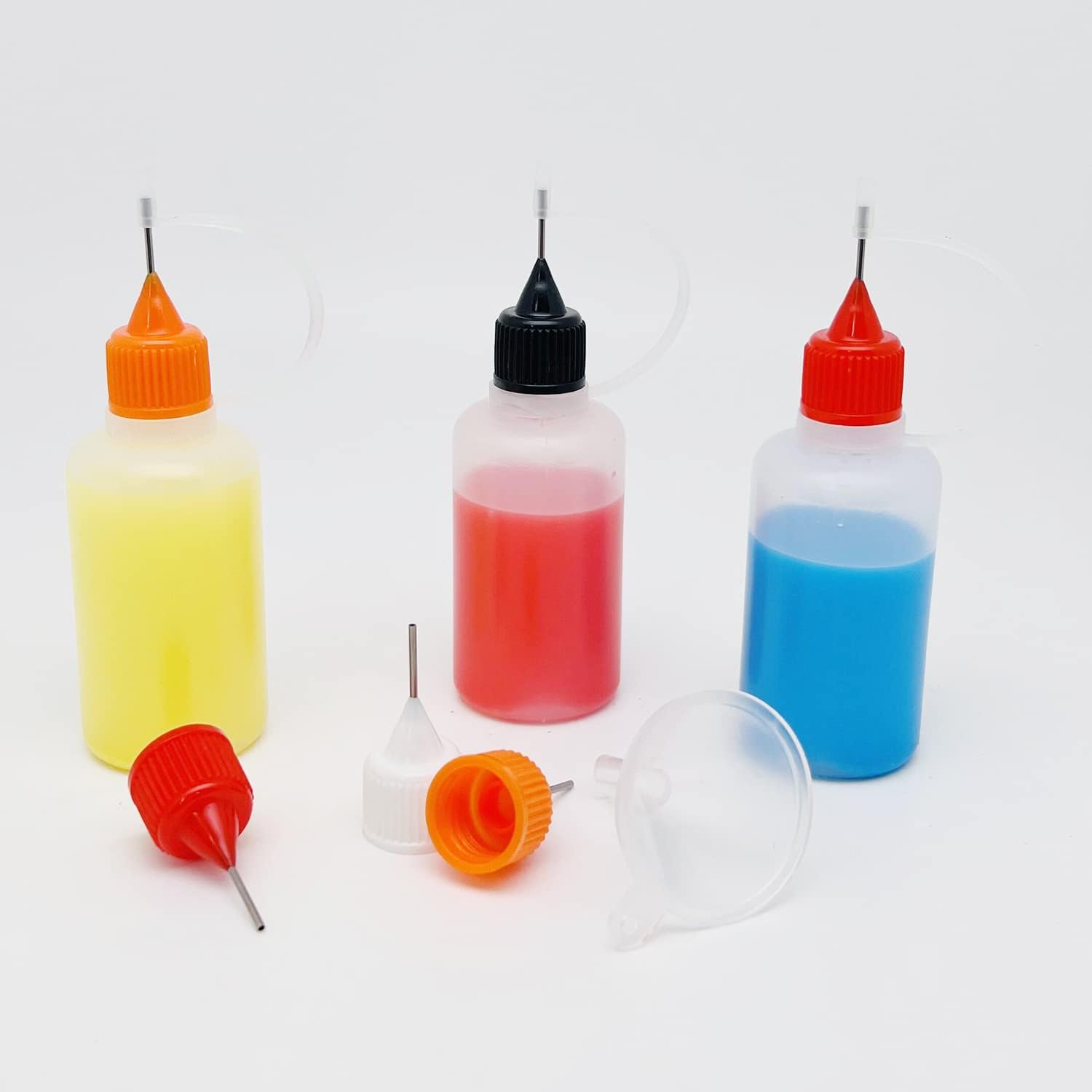 MYYZMY 12 Pcs Precision Tip Applicator Bottles, 1 Ounce Translucent Glue Bottles, with 2 Mini Funnel, Multicolor Lids
