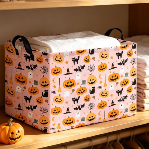Image of Rectangle Storage Basket with Handles,Collapsible Storage Bin,Books Box,Gift Basket(Pink Cat Halloween)