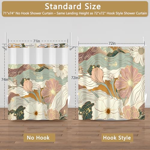 Bathroom Shower Curtain with Snap in Liner, Vintage Floral No Hook Shower Curtain with Sheer Top Window and Weighted Hem, Double Layers Waterproof Fabric Farmhouse Shower Curtains, 71"W x 74"L by TQUQOBU - Used condition - Image 2