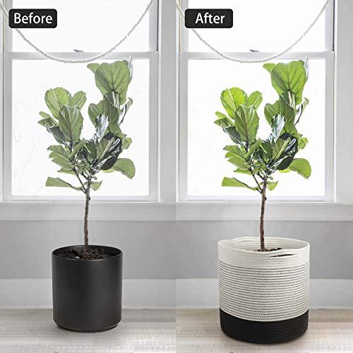 TIMEYARD Woven Cotton Rope Plant Basket, Indoor Planter Basket for 10in to 12in Flower Pot, 13.5” x 13.5” Storage Basket Organizer Modern Black and White Home Decor - Thumbnail 3