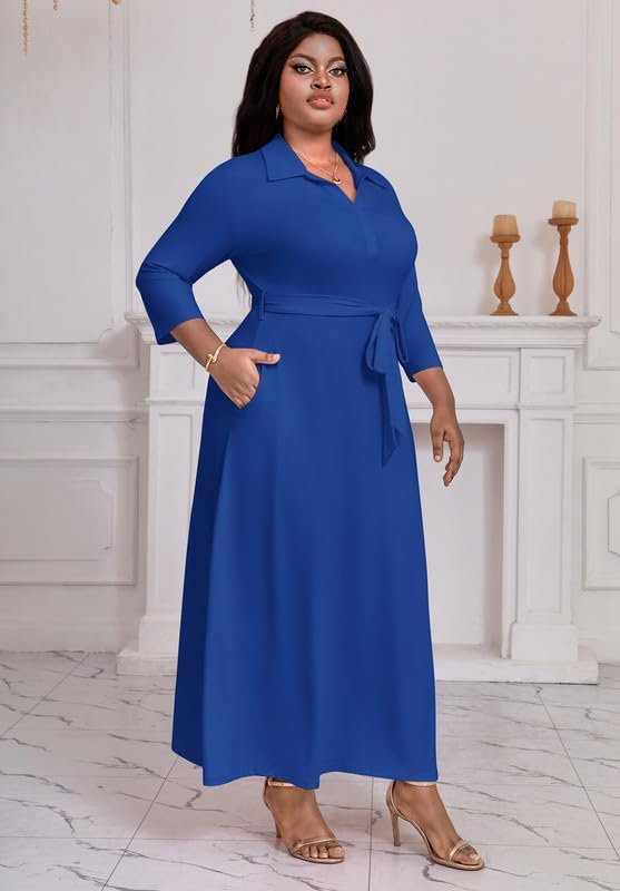 Maxi Dresses for Women Casual V Neck 3/4 Sleeve Long Church Dress Semi Formal Outfits with Pockets - Image 3