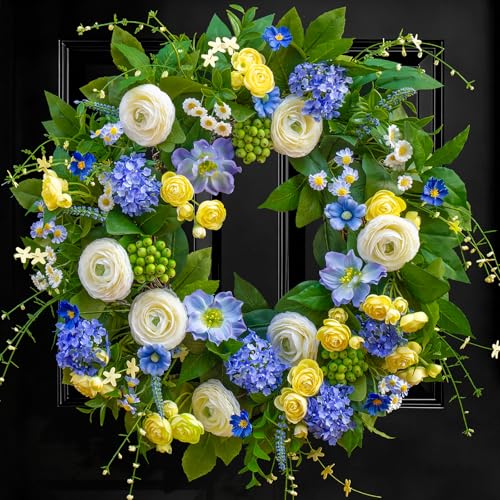 24 Inch Spring Wreath for Front Door, Artificial Hydrangea, Anemone