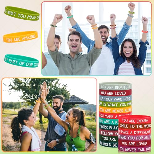 Image of JUNEBRUSHS 64pcs Motivational Silicone Bracelets Bulk Colored Inspirational Rubber Wristbands Unisex for Student Teacher Office Prizes Gifts Back to School Party Favor Supplies