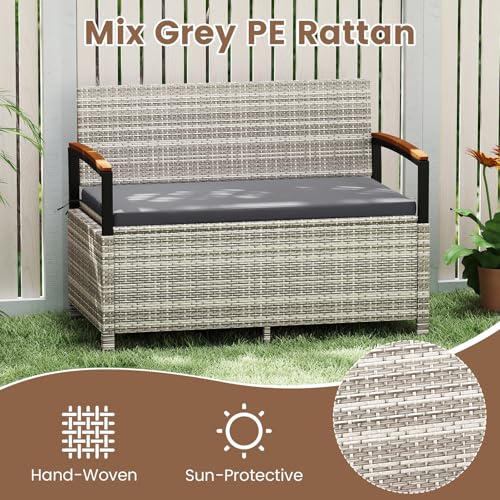 Image of Tangkula 46 Gallon Outdoor Bench with Storage, Outdoor PE Rattan Storage Bench with Cushion, Backrest & Acacia Wood Armrests, Metal Frame, Waterproof Deck Box Seat for Porch Backyard Poolside