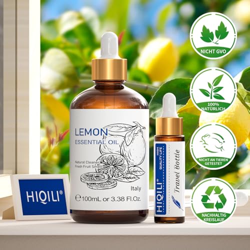 Hiqili Zitrone Ätherisches Öl, für die Reinigung, Diffusor, Haut, kann Hinzugefügt werden, um Sprays, Creme zu Verwenden, Enthält Reiseflasche - 3,38 fl oz
