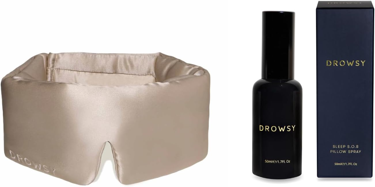 DEEP Sleep Gift Bundle - Gift Sleep This Season. Luxury Silk Sleep mask - Drowsy Dusty Gold Sleep mask and Drowsy Deep Sleep SOS Pillow Spray