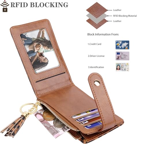 Slim Card Holder Wallet for Women RFID Blocking Leather Multi Card Bifold Wallet with Tassel Zipper Coin Pocket,Leopard2
