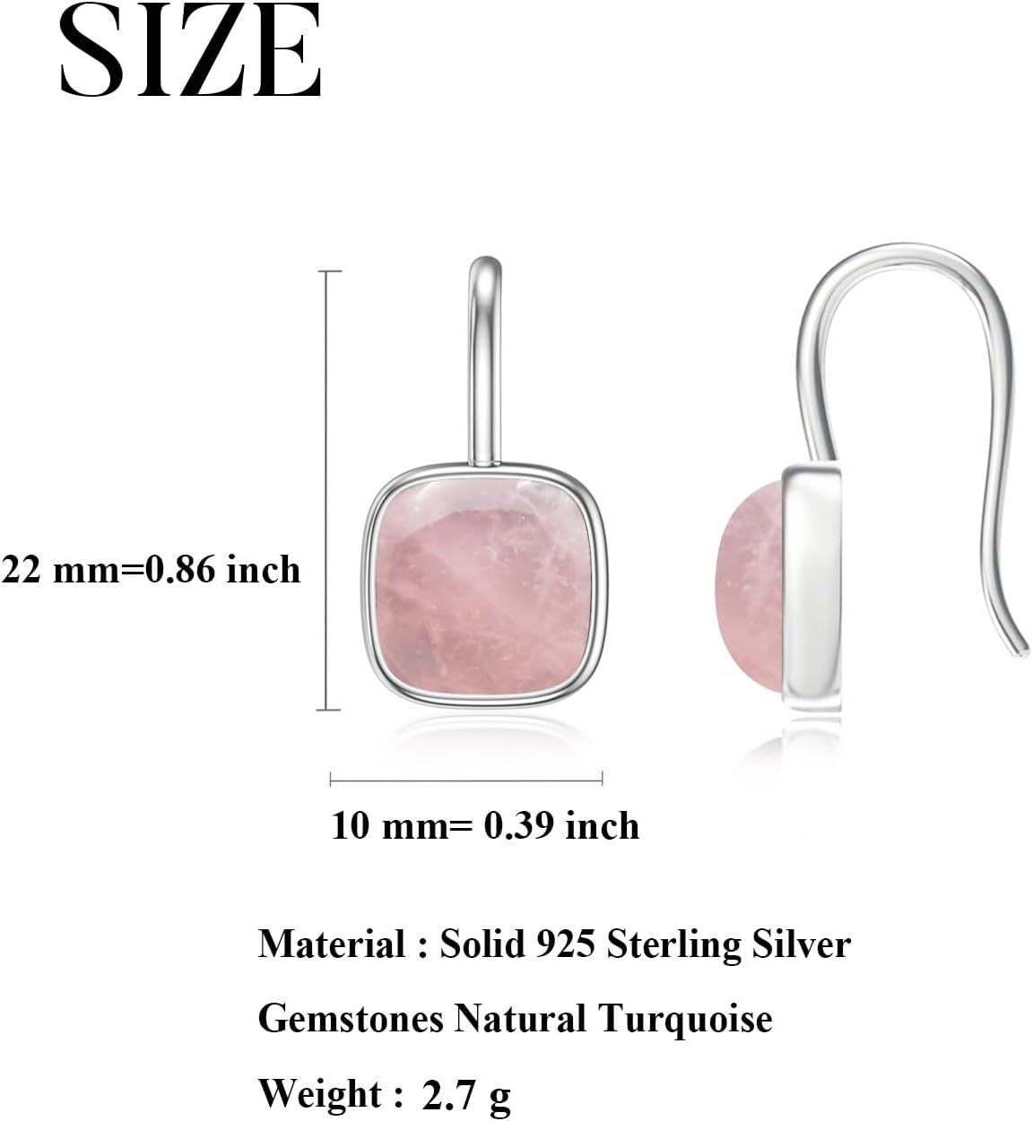 Genuine Turquoise Drop Earrings for Women Square Blue Green Gemstone Dangling Earring 925 Sterling Silver Jewelry Gift for Her Wife Mom