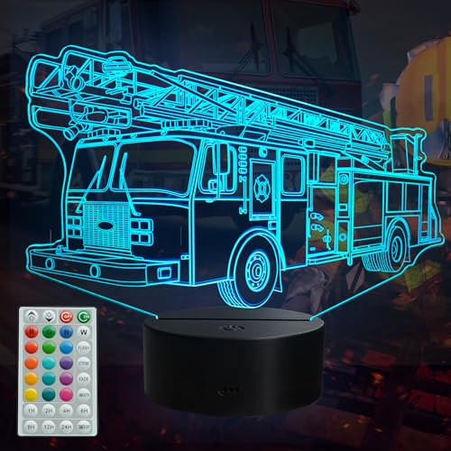 POSSHE Luz nocturna 3D de camión de bomberos para niños, 16 colores con control remoto, temporizador, modo intermitente RGB, lámpara de ilusión LED regulable, adorno de camión de bomberos para