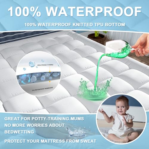 JTE Extra Thick King Mattress Pad, 100% Waterproof Quilted Fitted Mattress Protector, Breathable Cooling Mattress Topper Bed Cover Pillow Top 8-21\" Deep Pocket(78 * 80 Inches, White) - Thumbnail 3