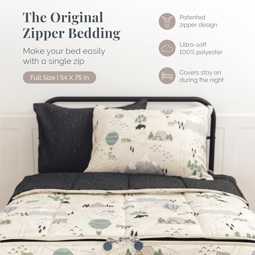 Image of Beddy's Adventure & Wildlife Theme Durable Zipper Bedding for Kids-Bed in a Bag-Cream Comforter & Charcoal Sheets with Outdoor Explorer Design-Includes 2 Pillowcases & 2 Shams-Easy to Make & Wash-Full