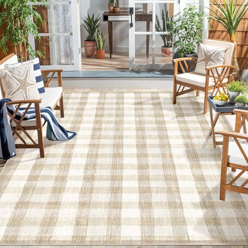 Image of Checkered Area Rug, 9x12, Beige | Washable, Non Slip, Modern Neutral, For Living Room Bedroom Office Patio Dining Room