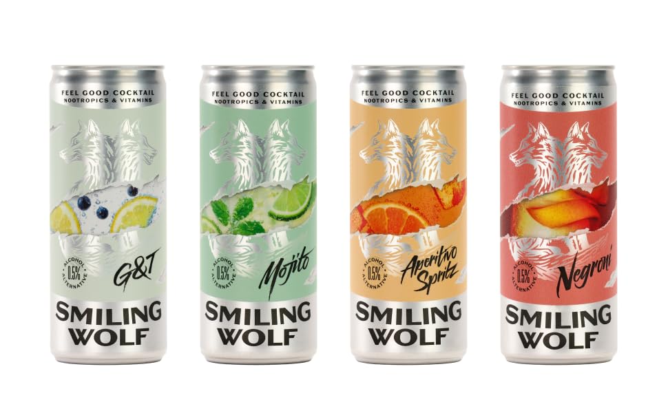 Smiling Wolf Feel Good Alcohol Alternative Ready to Cocktails Mixed Pack 8x250ml | Alcohol Free Cocktail | Mood Enhancing Natural Nootropics & Vitamins