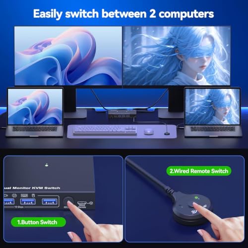Image of USB C KVM Switch 2 Monitors 2 Computers 4K@60Hz, Camgeet Dual Monior KVM Switch 2 Laptops Share 2 Monitors and 4 10Gbps USB Ports, USB3.2, PD 100W, Wired Remote, USB-C Cables and 12V Power Adapter