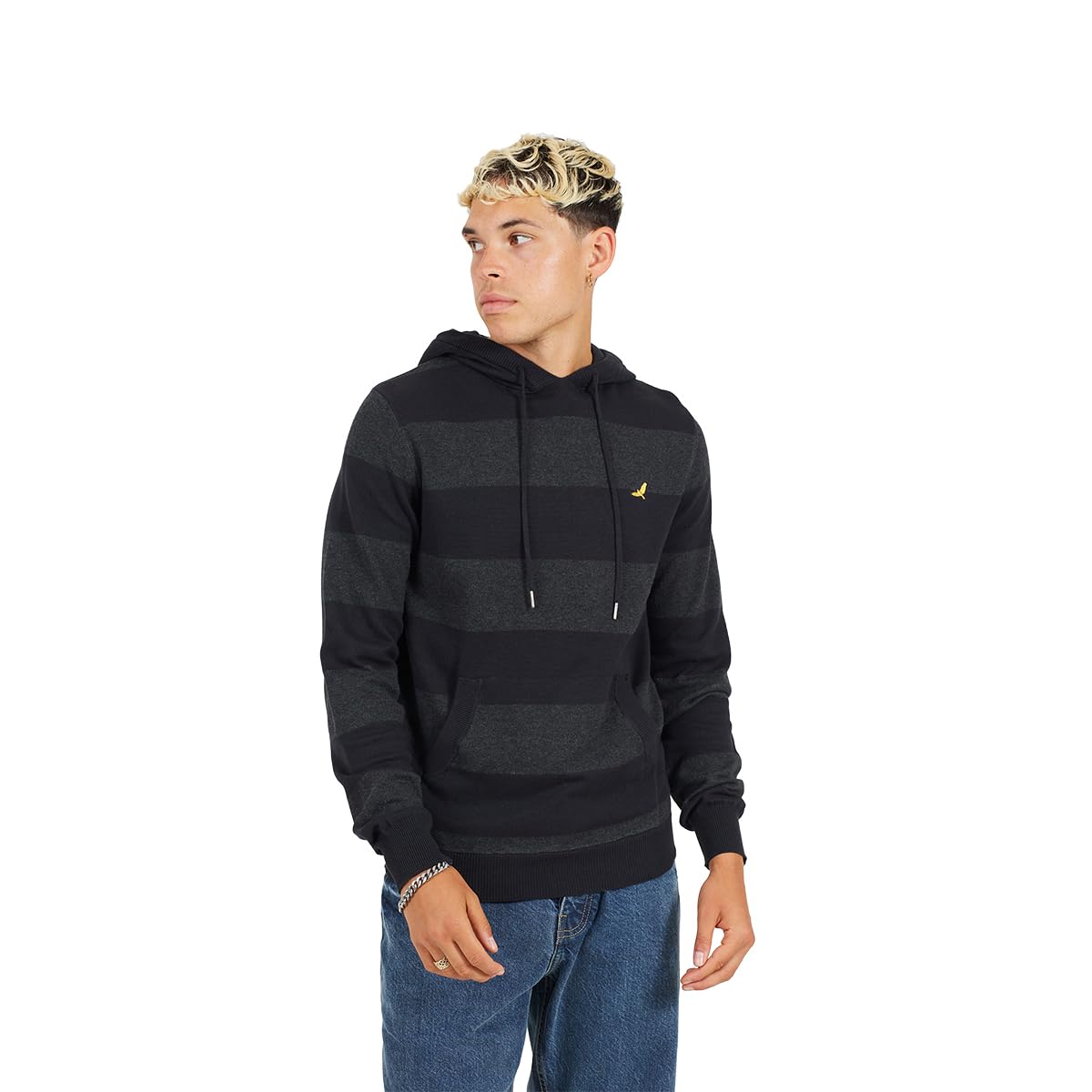 BRAVE SOUL Mens Knitted Hooded 100% Cotton Pullover Stripe Jumper Hoodie Casual Top Black XL