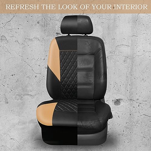 Image of CAR PASS Quilting Leather Front Seat Covers, Automotive Waterproof Deluxe PU Premium Vinyl Luxury Two Front Seats Only Universal Fit for Cars Sedans SUVs Airbag Compatible,2 Pieces,Black&Beige