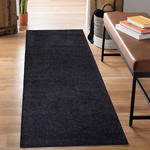 carpet city Shaggy Hochflor Teppich - Läufer 80x300 cm - Schwarz - Langflor Flurteppich - Einfarbig Uni Modern - Flauschig-Weiche Teppiche Schlafzimmer Deko carpet city Shaggy Hochflor Teppich - Läufer 80x300 cm - Schwarz - Langflor Flurteppich - Einfarbig Uni Modern - Flauschig-Weiche Teppiche Schlafzimmer Deko