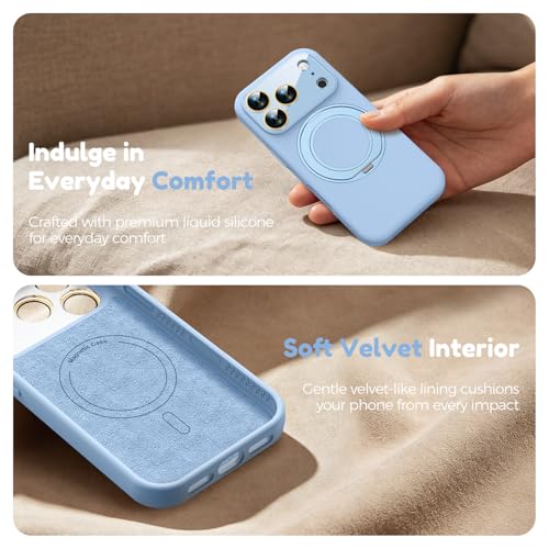 Image of Silicone 360 Spin Magnetic Stand Case for iPhone 17 Pro, [Compatible with Mag-Safe][Reinforced Hard Camera Protection] Liquid Silicone Rubber Phone Case Cover with Ring, Camera Button, Sky Blue