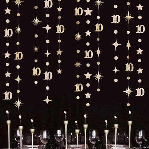Image of Champagne Gold 10th Birthday Decorations Number 10 Circle Dot Star Garland Streamer Banner Backdrop for Girls Boys Double Digits Cheers to 10 Years Old Birthday Happy 10th Anniversary Party Supplies