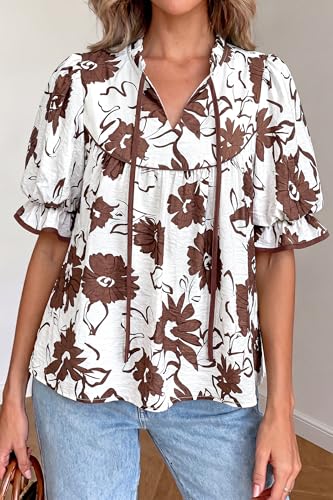 PRETTYGARDEN Womens Summer Tops 2026 Cute Puff Sleeve Ruffle V Neck Babydoll T-Shirts Boho Floral Fall Peplum Shirts(Brown Floral,Medium) — view 5