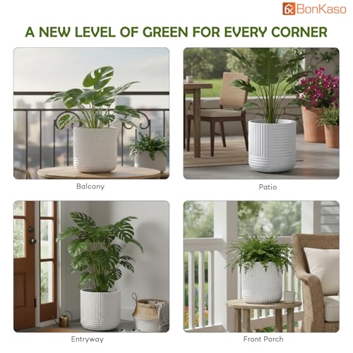Image of Bonkaso 15 Inch Ribbed Planter Pot for Indoor & Outdoor Use | Round Heavy Duty Polymer Flower Pot | Lightweight Weather Resistant Modern Gamla for Living Room Balcony & Terrace (White)