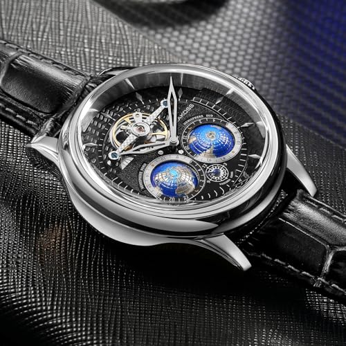Image of SEAKOSS Luxury Automatic Mechanical Watch for Men, 47mm Skeleton Dress Watch with Dual Hemisphere Dial, Self Winding Movement, Genuine Leather Strap, 5ATM Waterproof