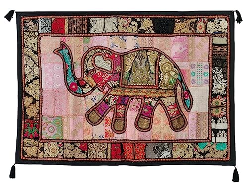 Image of Ekam Art Rajasthani Handmade Heavy Elephant Embroidery Cotton Patchwork Tapestry Cotton Wall Decor Hanging Beaded Tapestries Home Living Room Decor 40 x 60 Inch (Black)