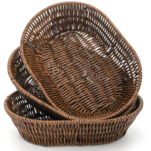 ZAVOOS 3 Pack Wicker Bread Basket, 11 Inch Woven Oval Food Baskets for Serving, Tabletop Stackable Pantry Organizer Bin for Home Kitchen, Restaurant, Bakery, Fruit Vegetable Storage, Brown