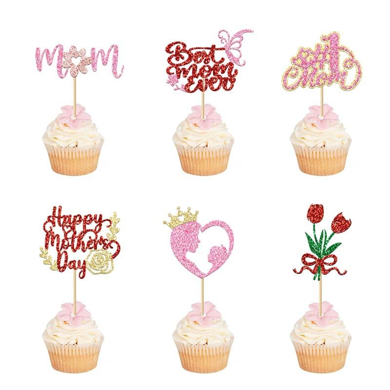 24 Pcs Happy Mother's Day Cupcake Toppers Colorful Glitter Heart Best Mom Cupcake Picks I love you Mom Cake Decorations for Mother's Day Theme Women