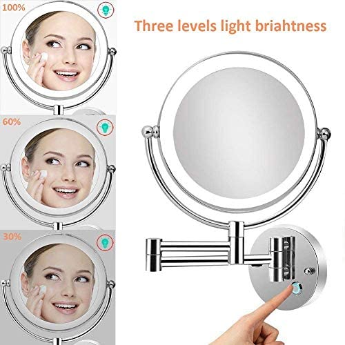 Łazienkowe lustro do golenia LED, montowane na ścianie, 10-krotne powiększenie, dwustronne, obrotowe lustro ścienne, przedłużenie 35 cm, regulowane światło z przyciskiem dotykowym, chromowana