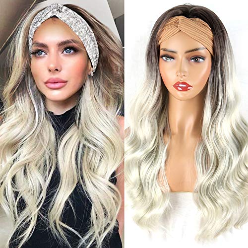 LEOSA Ombre Headband Wig Body Wavy Wig with Headbands for Women,Natural Looking Wave Headband Wigs Blonde Synthetic Halfwig Long Wavy Blonde Wig with Headbands for Wigs Wavy Hair