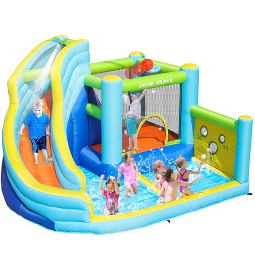 Doctor Dolphin Inflatable Water Slide, Water Bounce House for Kids, Waterslide Bounce House for Backyard, Blow Up Bouncy House for Outdoor Wet and Dry