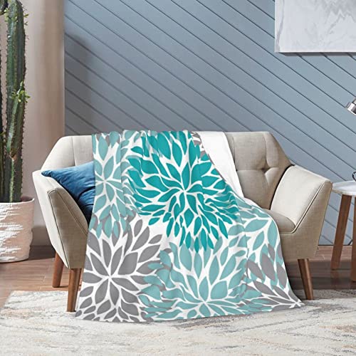 Fleece Blanket Dahlia Pinnata Flower Teal Coral Gray Flowers Throw Blanket For Couch Bed Sofa Chair,Soft Fuzzy Blankets Warm Flannel Lightweight Travel Camping Throw Blankets For Toddler 50"X40" #TOP5